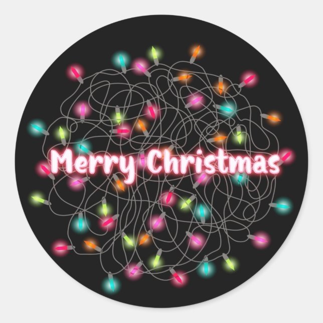 Tangled Christmas Lights Frohe Weihnachtsneon Text Runder Aufkleber (Vorderseite)