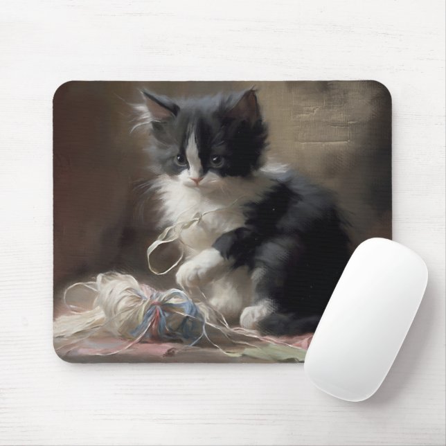 Tangled Up In Fun Black and White Kitten Mousepad (Mit Mouse)