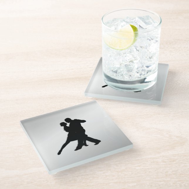 Tango Dancers Silhouette 2 Silver Glasuntersetzer (Schrägansicht)