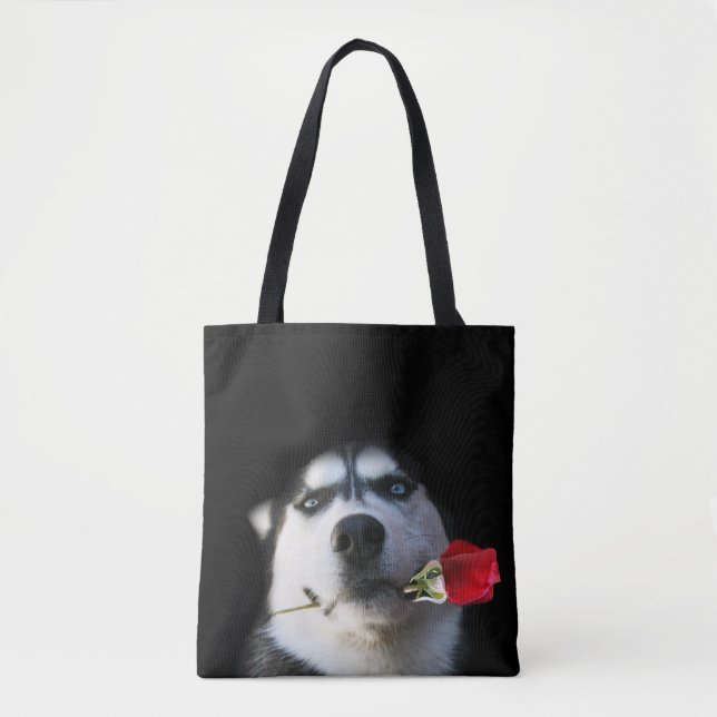Tango?  Schöne Husky und Rose Tote Tag Tasche (Vorderseite)