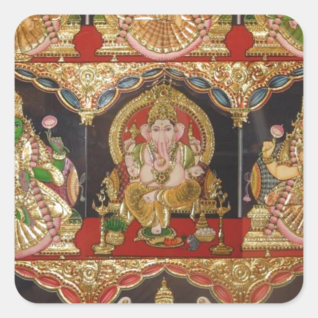 TANJORE PAINTING ASHTALAKSHMI SÜDINDIEN QUADRATISCHER AUFKLEBER (Vorderseite)