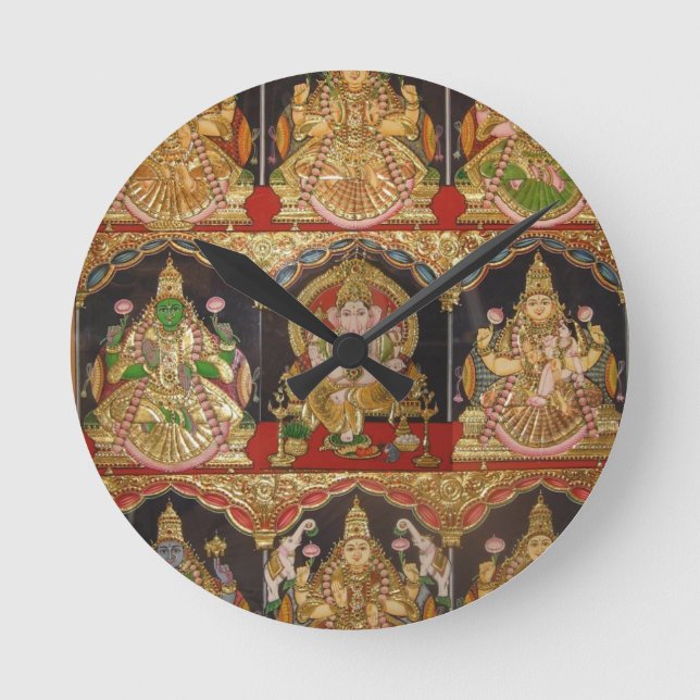 TANJORE PAINTING ASHTALAKSHMI SÜDINDIEN RUNDE WANDUHR (Vorderseite)