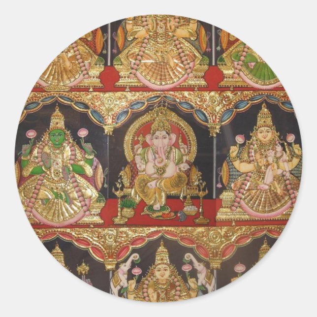 TANJORE PAINTING ASHTALAKSHMI SÜDINDIEN RUNDER AUFKLEBER (Vorderseite)