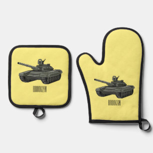 Tank-Cartoon-Abbildung Ofenhandschuh & Topflappen-Set