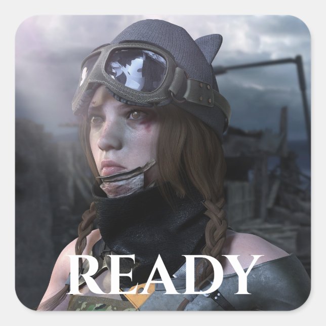 TANK GIRL MIT "READY" UNTER QUADRATISCHER AUFKLEBER (Vorderseite)