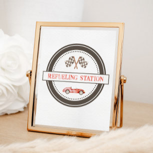 Tankstellen-Schild rotes Rennwagen Poster