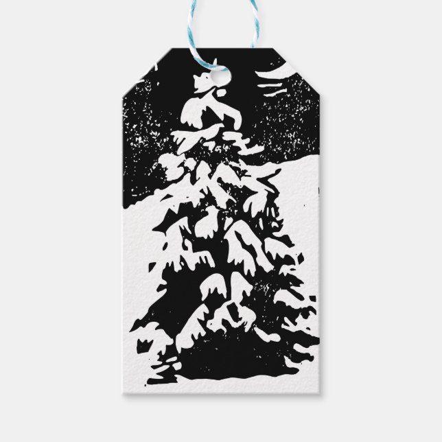 Tanne Baum in Snowy Landschaft Lino Print Geschenk Geschenkanhänger (Vorderseite)