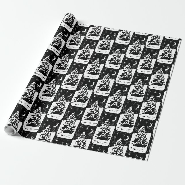 Tanne Baum in Snowy Landschaft Lino Print Geschenkpapier (Ungerollt)