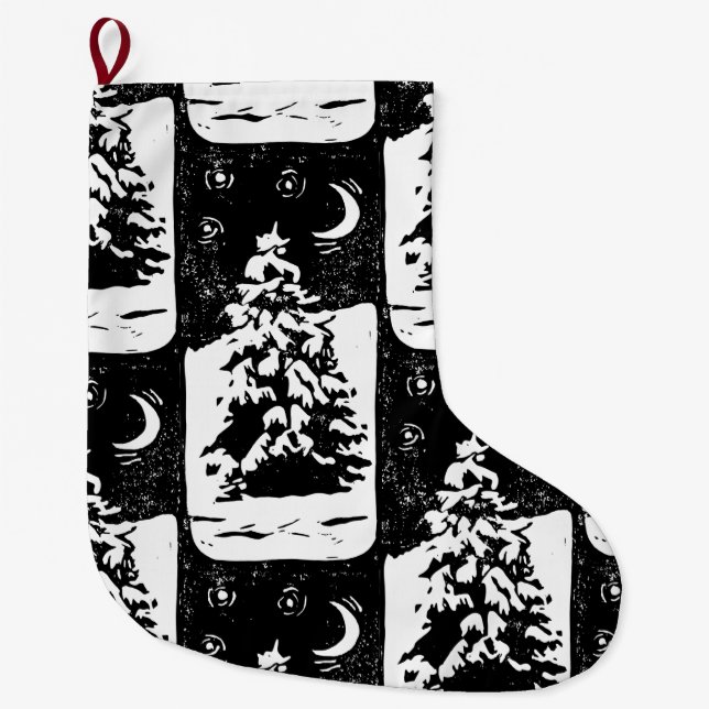 Tanne Baum in Snowy Landschaft Lino Print Großer Weihnachtsstrumpf (Vorderseite)