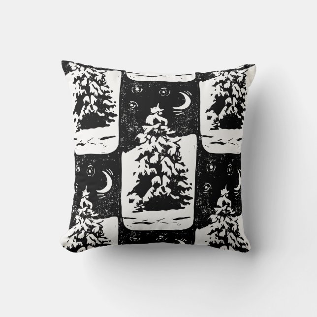 Tanne Baum in Snowy Landschaft Lino Print Kissen (Vorderseite)