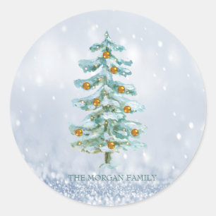 Tannenbaum fröhlicher blauer Bokeh Runder Aufkleber