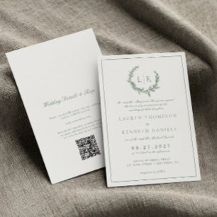 Tannenbaum-Kranz Sage Green QR-Code-Hochzeit Einladung