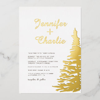 Tannenbaum Minimalist Modern Weiße Goldene Hochzei Folieneinladung