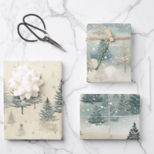 Tannenbäume Schnee Wasserfarbe Weihnachten Geschenkpapier Set
