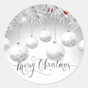 Tannenbaumzweige Weiße Kugeln Frohe Weihnachten Runder Aufkleber
