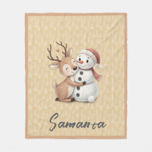 Tannenmuster-Rentier-Schneemann orange beige Name Fleecedecke