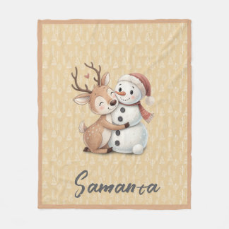 Tannenmuster-Rentier-Schneemann orange beige Name Fleecedecke
