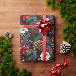 Tannenzapfen Beeren Florales Weihnachtsmuster-Gesc Geschenkpapier
