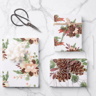 Tannenzapfen- und Blumensträuße gemischt Geschenkpapier Set