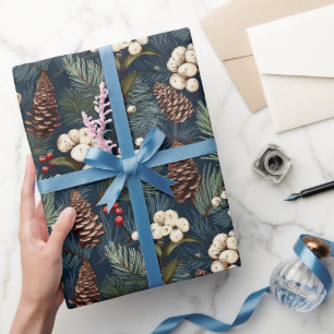 Tannenzapfen Zweige Blau Weiß Braun Weihnachtsmust Geschenkpapier