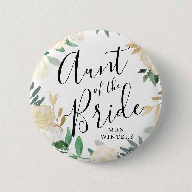 Tante der Braut | White Rose Bouquet Wedding Button (Vorderseite)