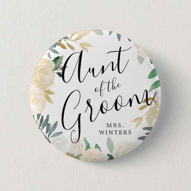 Tante des Raumes | White Rose Bouquet Wedding Button (Vorderseite)
