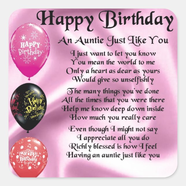 Tante Gedicht - Happy Birthday Quadratischer Aufkleber (Vorderseite)