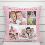 Tante Liebe Sie Foto Collage Rosa Kissen<br><div class="desc">Geben Sie der weltbesten Tante ein lustiges Foto-Geschenk. Dieses rosa Kissen zeigt eine 6-Foto-Collage ihrer Nichten, Neffen, Familie, etc., ihre Namen und "Wir Liebe Sie" oder "I Liebe You" und ob sie "Tante", "Tia" usw. in moderner hellgrauer Typografie genannt wird.</div>