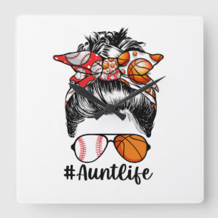 Tante Life Baseball Basketball Tante Messy Bun Quadratische Wanduhr