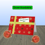 Tante moderne rote Weihnachtsbaumparzelle Feiertagskarte<br><div class="desc">Persönliche Weihnachtsgrüße für Ihre Tante. Die Karte hat das Aussehen eines Paketes mit einem farbenfrohen Muster von stilisierten Schneeflocken in goldenen und grünen Farben auf einem roten Hintergrund. Das Paket ist mit einem goldenen "Band" verbunden und hat ein "Geschenketikett" mit der Nachricht "Happy Christmas Tante". Im Text heißt es: "Ein...</div>