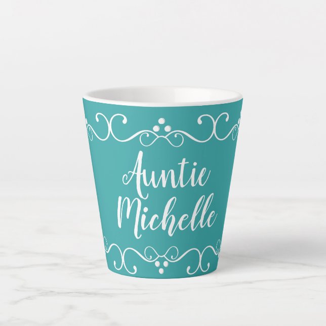 Tante Name Aquamarin Geschenk Custom Latte Tasse (Vorderseite)