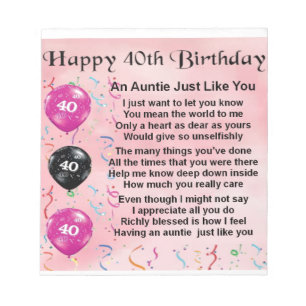 Tante Poem - 40. Geburtstag Notizblock