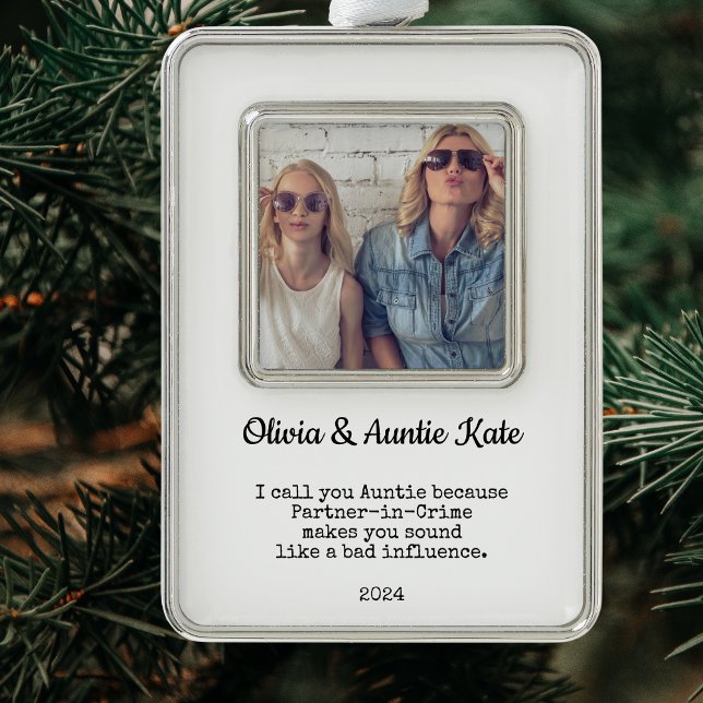 Tante / Tante Custom Foto Weihnachtsgeschenk Rahmen-Ornament Silber (Aunt Photo Gift Modern White Design. Custom Typography)