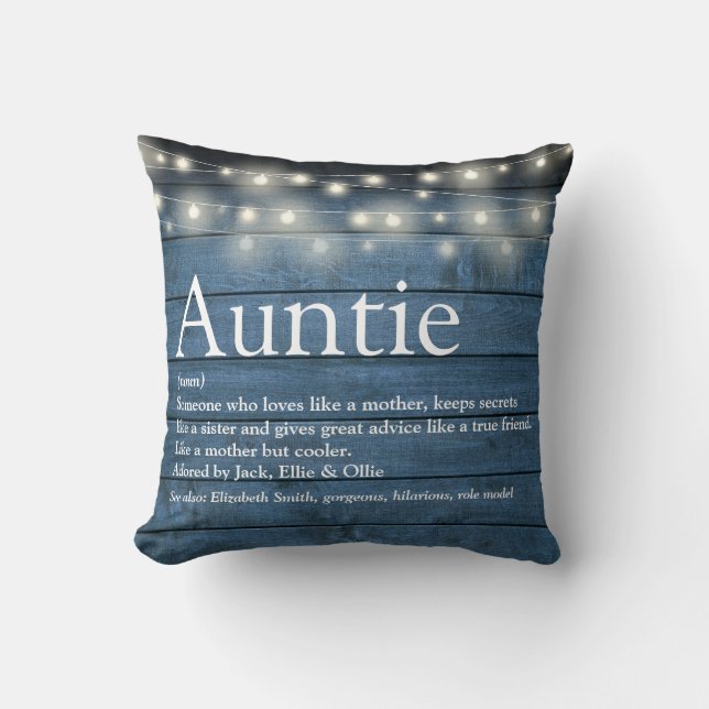 Tante Tuntie Definition String Lights Blau Rustika Kissen (Vorderseite)