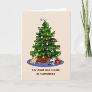 Tante und Onkel, fröhlicher Weihnachtsbaum, Feiertagskarte
