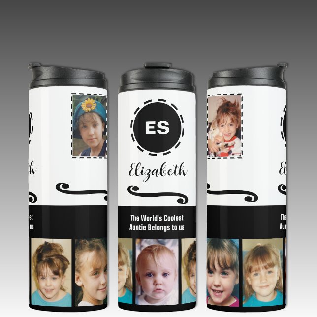 Tanten fügen einen Namen Foto Collage weiß schwarz Thermosbecher (Von Creator hochgeladen)