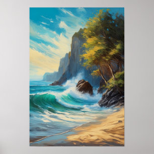 Tanz am Meer und Felsen am Strand Poster