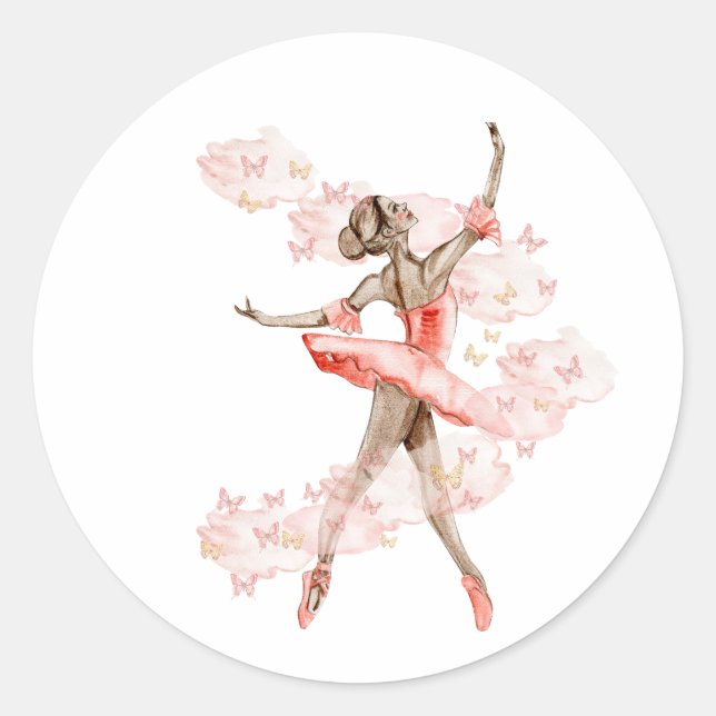 Tanzballerina mit Schmetterling. Runder Aufkleber (Vorderseite)