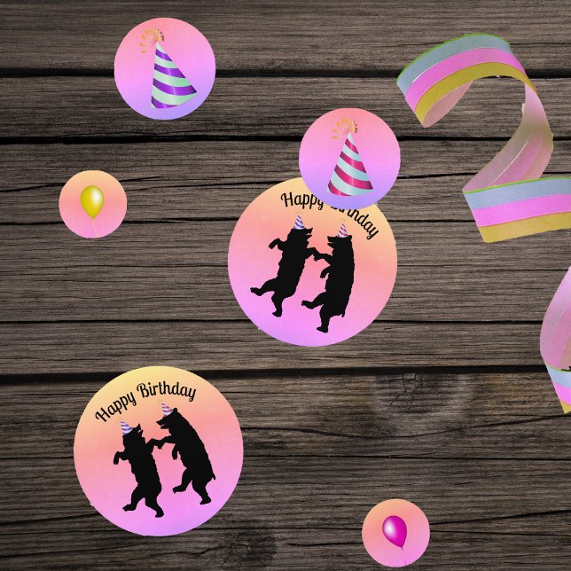 Tanzen Birthday Black Bears Party Hats Balloons Konfetti (Dancing black bears pink purple party hats balloons on multi pastel coloured table Birthday confetti)