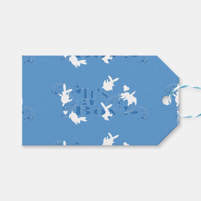 Tanzen Bunnies Es ist ein Junge! Blue Baby Dusche Geschenkanhänger (Vorderseite (Horizontal))