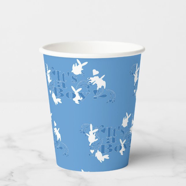 Tanzen Bunnies Es ist ein Junge! Blue Baby Dusche Pappbecher (Vorderseite)
