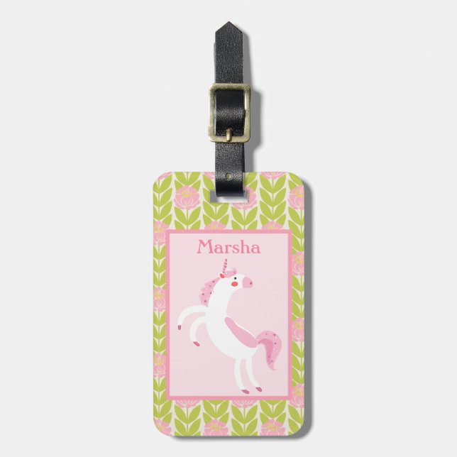 Tanzen-Einhorn-Rosa und grüner Blumenrucksack Gepäckanhänger (Vorderseite vertikal)