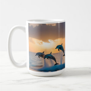 Tanzen in der Dämmerung: Drei Delphine springen Kaffeetasse