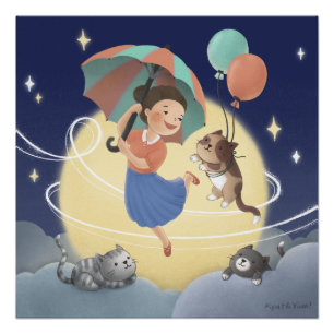 Tanzen mit Katzen in der Nacht am Mondlicht Poster