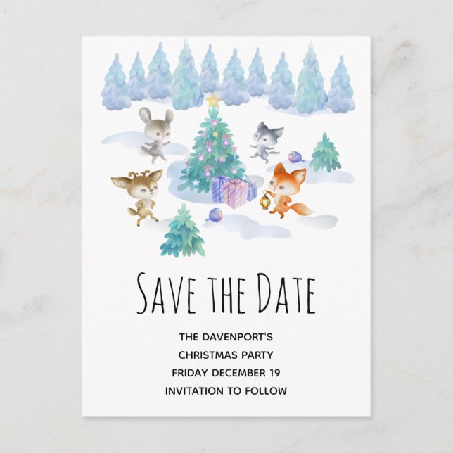Tanzen Weihnachtswaldtiere Save the Date Einladungspostkarte (Vorderseite)
