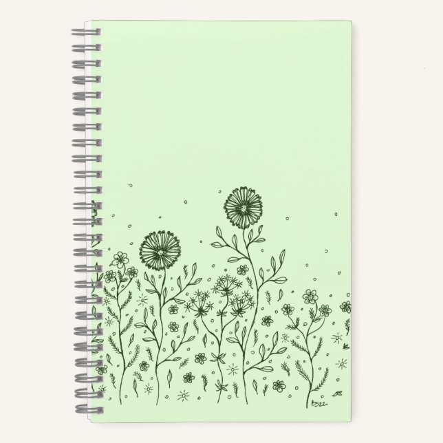 Tanzende Blume auf einer Wiese, hellgrün Notizbuch (Vorderseite)