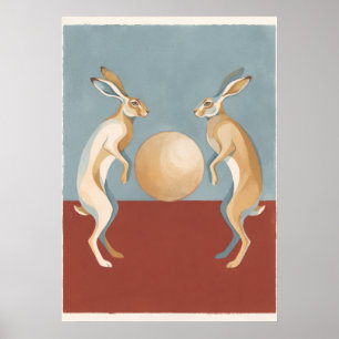 Tanzende Hasen und goldene Mond-Volkskunst Poster