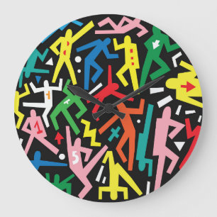 Tanzende Menschen, doodle Set Muster. Große Wanduhr