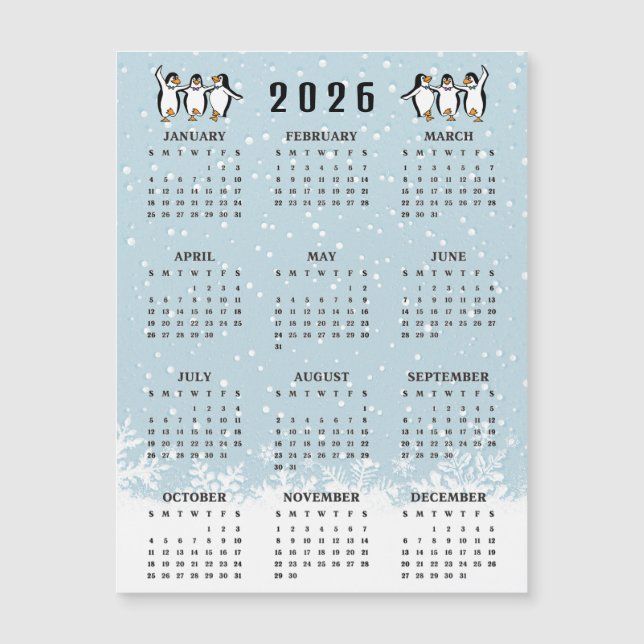 Tanzende Pinguine 2026 Kalender Magnetkarte (Vorderseite)