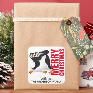 Tanzende Pinguine Weihnachts-Label Quadratischer Aufkleber
